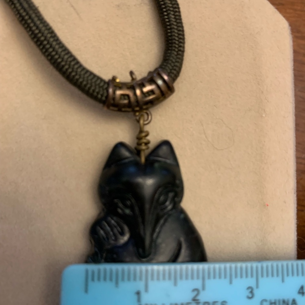 Natural Black Green stone fox necklace